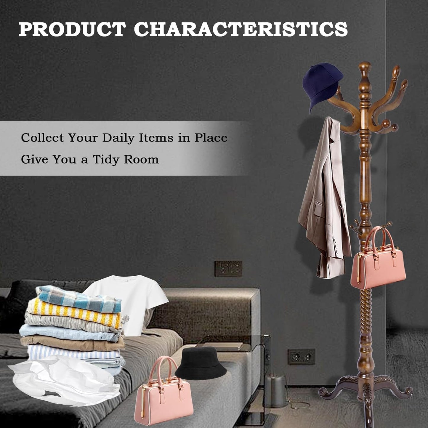 Coat Racks FreeStanding with 11 Hooks, Natural Wood Coat Rack with Tri-Legged Base, Adjustable Height Coat Racks, Easy Assembly for Hallway, Bedroom and Office (Walnut-Tri-Legged Base)