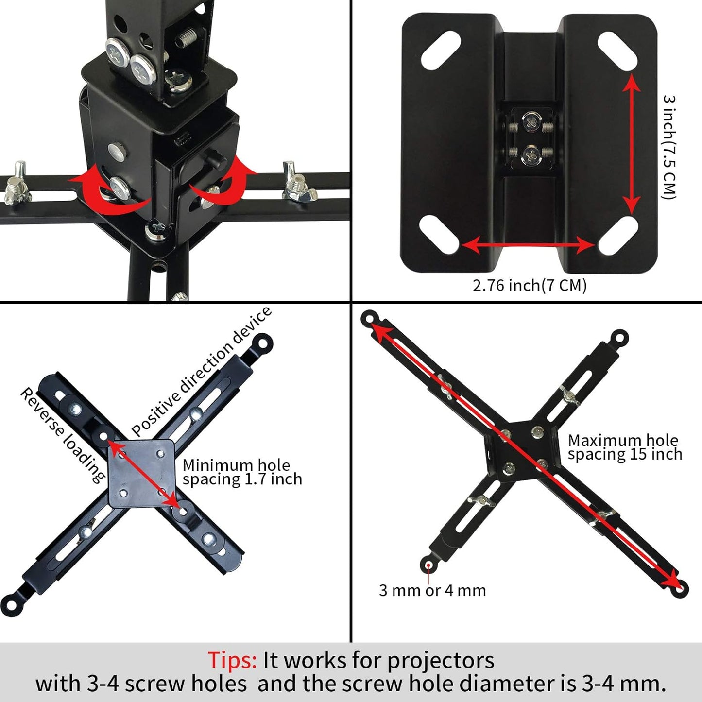 Projector Mount Wall or Ceiling Projection Mount Bracket with Adjustable Height and Extendable Arms Mounts for Home and Office Projector