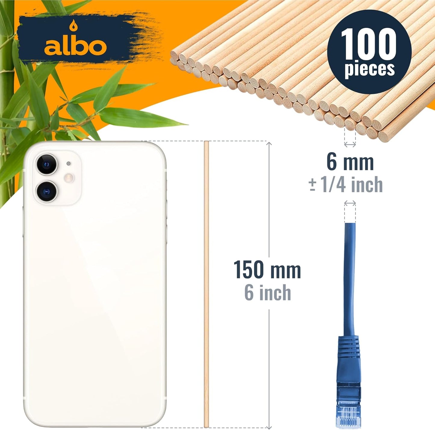 ALBO Wooden Dowel Rods 100 PCS 1/4" x 6" Inch Round Wood Sticks for Crafts, DIY Projects and Macrame Hardwood Assorted Bouquet Sticks Cake Dowels for Tiered Cakes