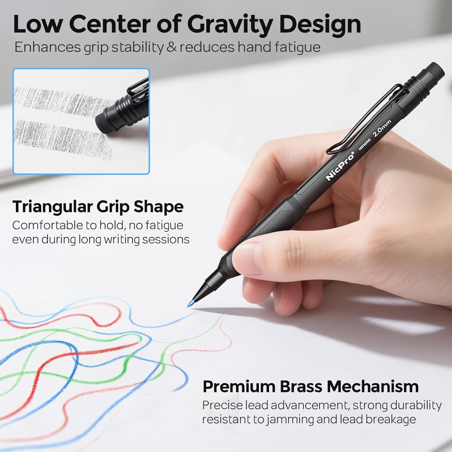 Nicpro 2.0 mm Mechanical Pencil Set, 3PCS Artist Lead Pencil Holder 2mm with 72PCS Lead Refills (4H 2H HB 2B 4B 6B Color) Eraser, Weatherproof Barrel for Outdoor Writing Drafting Drawing Sketching