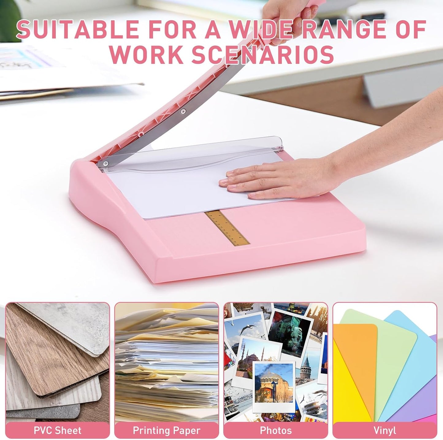 Paper Cutter, Paper Trimmer with Safety Guard, 12" Cut Length Paper Slicer with 16 Sheet Capacity Paper Cutting Board,Guillotine Paper Cutters and Trimmers for Cardstock Cardboard Vinyl (Pink)