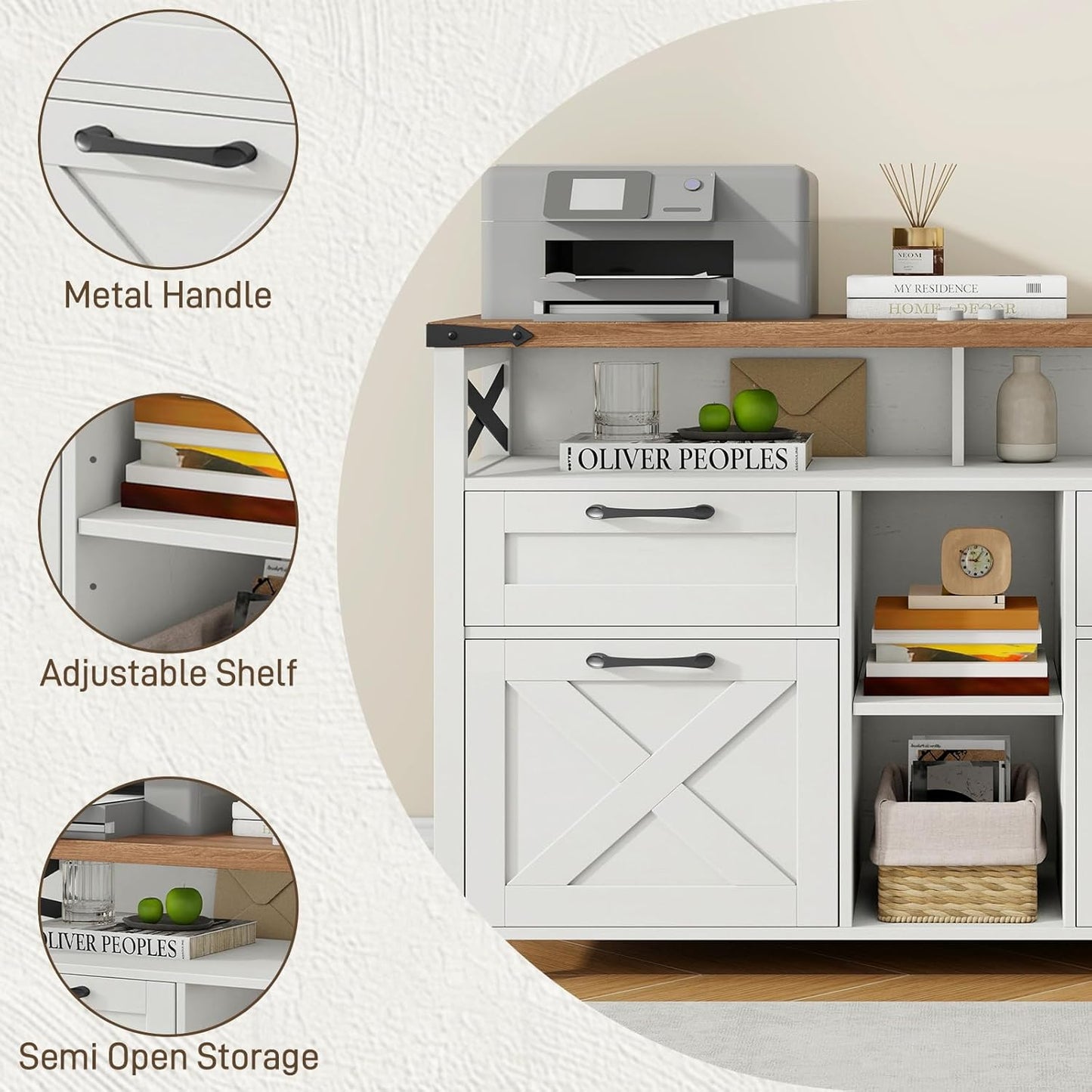 Farmhouse Filing Cabinet with Adjustable Shelf for Home Office, Lateral File Cabinets 4 Drawers with Open Storage Shelf, Filing Organization Storage Cabinets for Hanging Files Letter/A4.