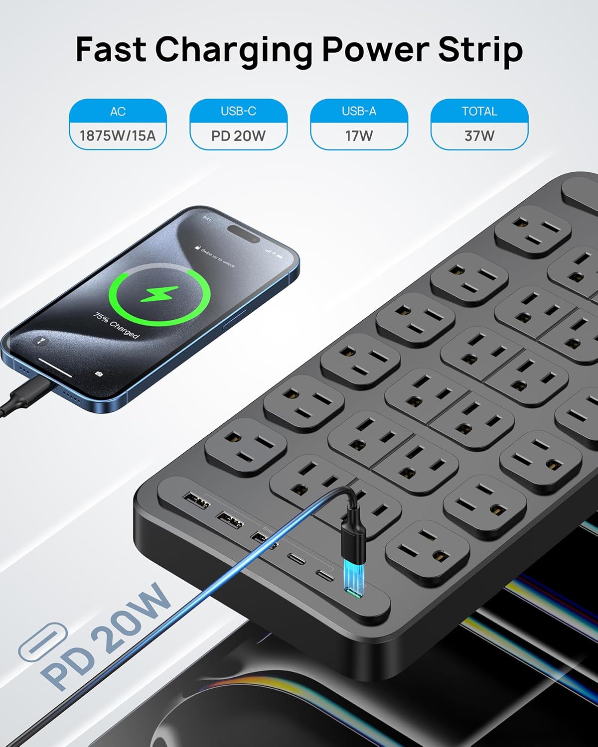 TROND Surge Protector Power Strip, 360° Rotating Flat Plug, 24 AC Outlets, 6 USB Ports Total 37W, 4000 Joules, ETL Listed, 10ft Heavy Duty Extension Cord 1875W for Gaming Dorm Room Essentials Black