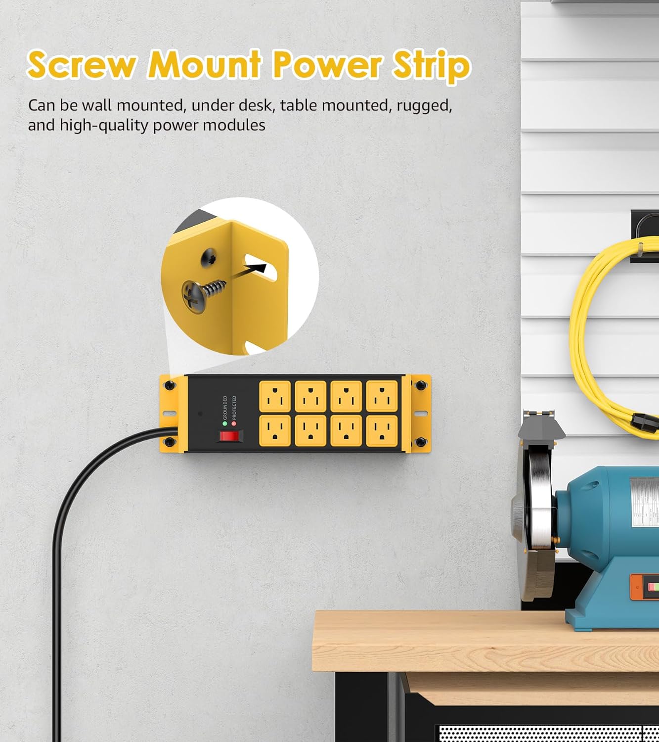 HHSOET 2 Pack Heavy Duty Power Strip 8 Outlets, Metal Wall Mount Outlet Strip 4800J Surge Protector, Garage Shop Under Desk Mountable 10FT Extension Cord Plug.