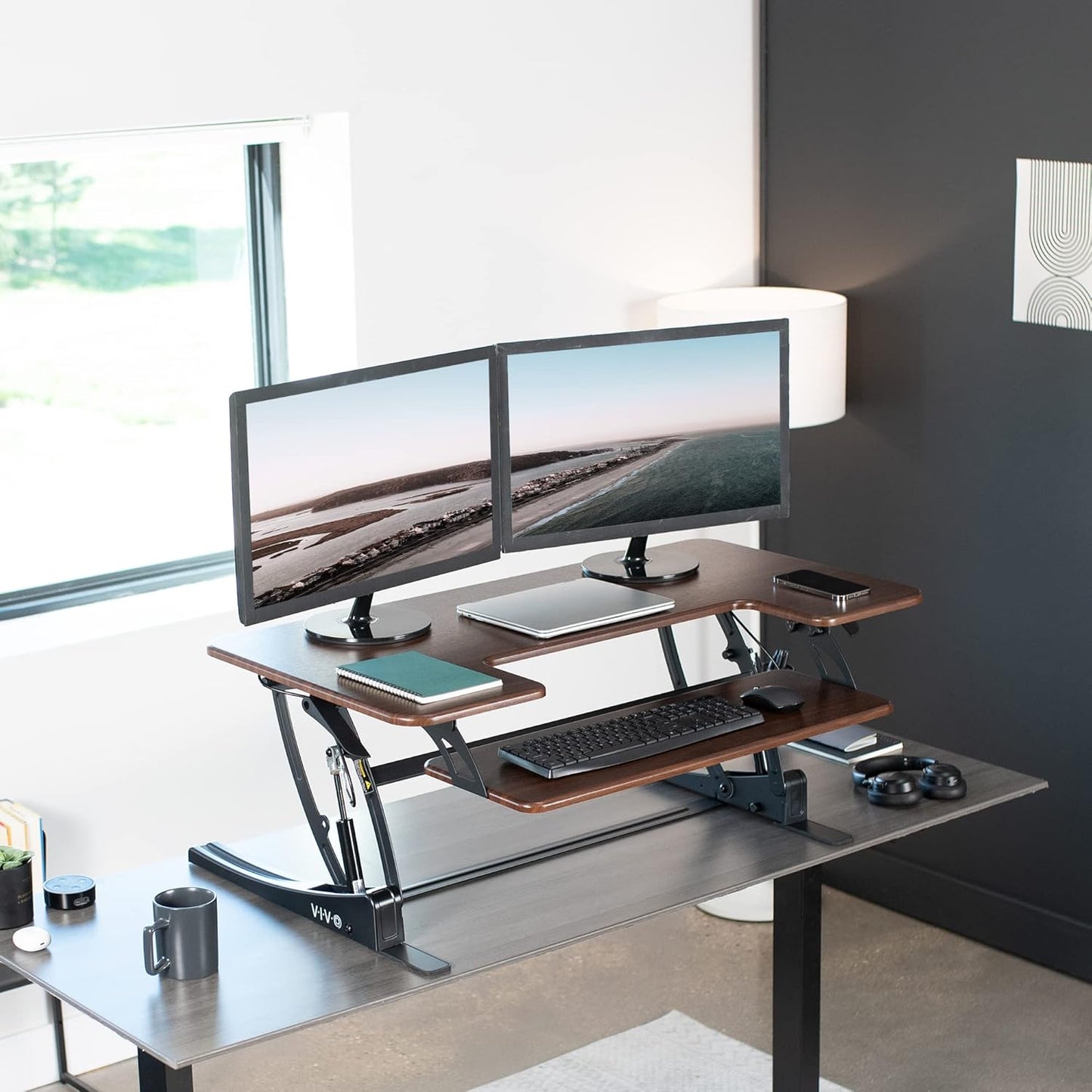 VIVO 42 inch Height Adjustable Stand Up Desk Converter, V Series, Quick Sit to Stand Tabletop Dual Monitor Riser Workstation, Dark Walnut Top, Black Frame, DESK-V000VLD