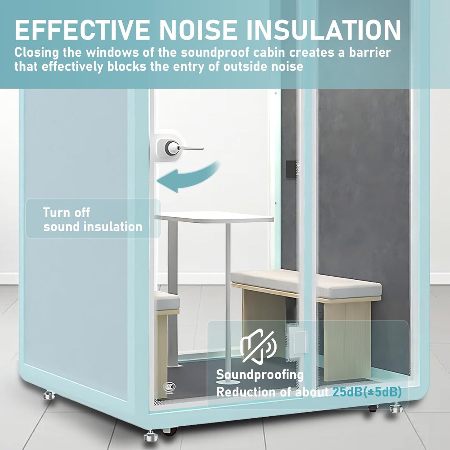 Office Sound Booth with Audio Privacy - Freestanding Soundproof Booth Includes Light Blue Frame Design,Modern Soundproof Room with Light, Socket,Casters for Study,Negotiation (59.05IN)