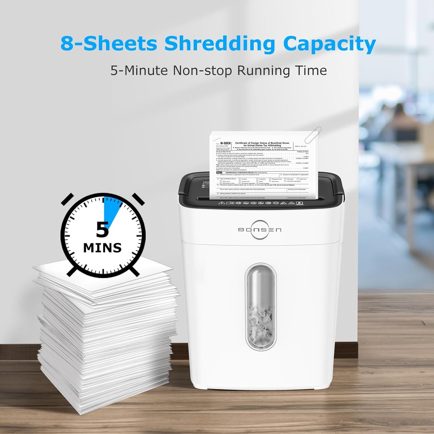 BONSEN Shredders for Home Office, 8-Sheet Cross Cut Credit Card Shredder, Small Paper Shredder for Home Use with 4 Gal Bin, P-4 High Security Level, White (S3101-W)