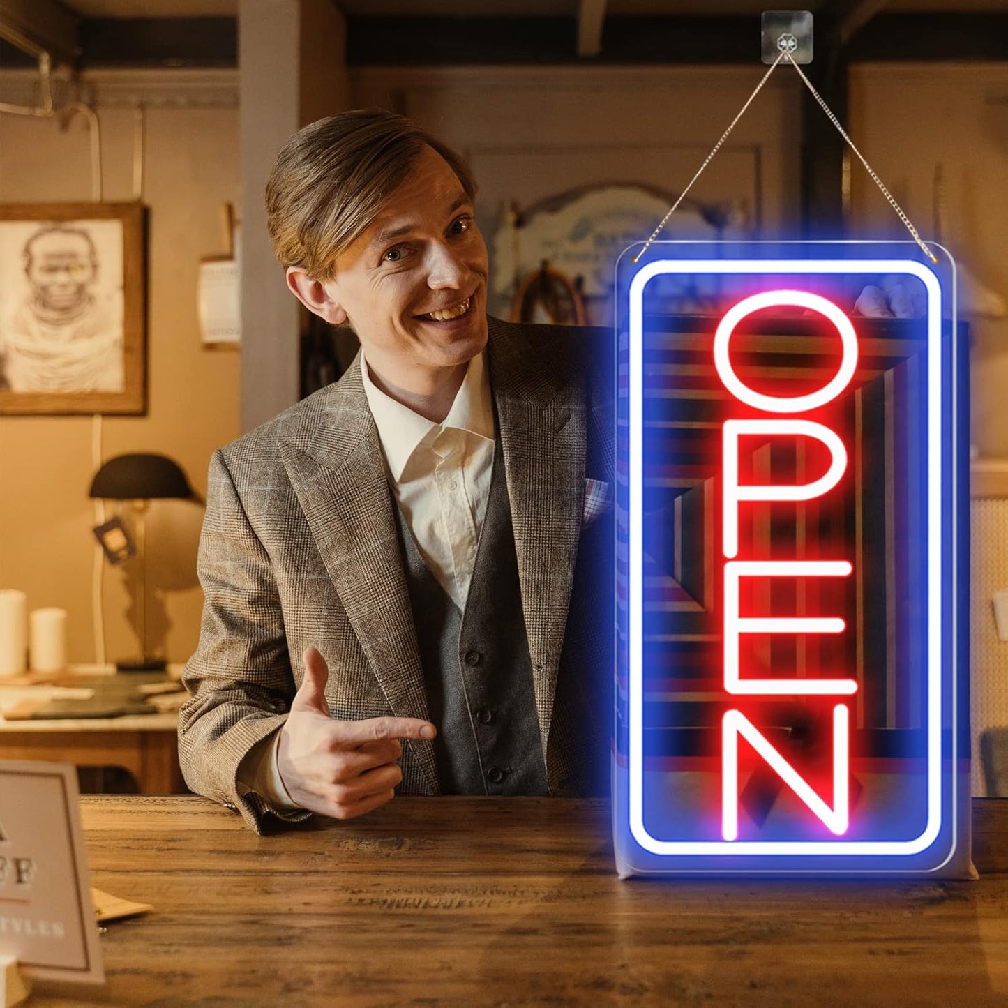 Led Neon Open Signs for Business,16.5"X 9" Open Signs, Powered by USB with ON/OFF Switch, Adjustable Bright Led Neon Open Sign for Bar Salon Coffee Stores Club Hotel (Blue/Red-Vertical)