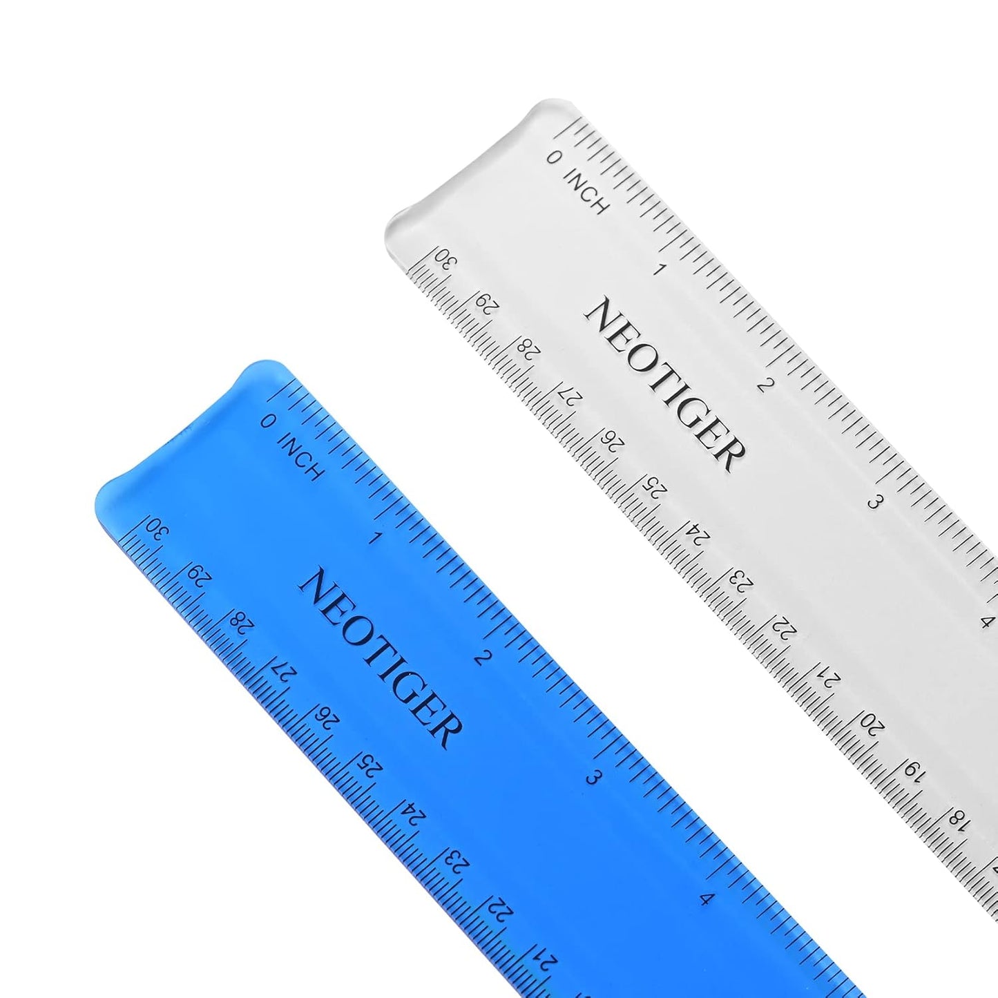 Flexible Shatterproof Bendable Unbreakable Safe Soft Transparent Clear Plastic Straight Flat Ruler, 30 cm/12 inch. Set of 2, Clear and Blue, for Home, School, Office, for Kids and Adults