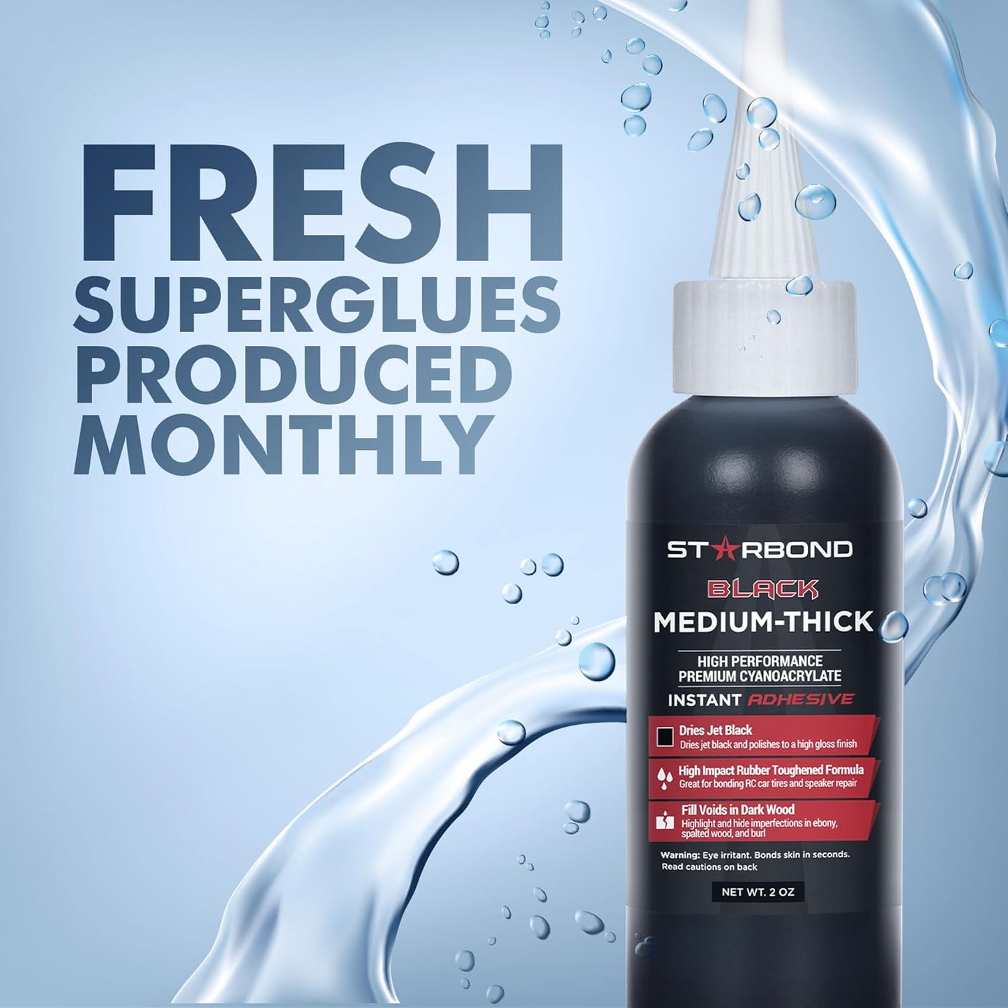 STARBOND Black Medium-Thick CA Glue, Premium Cyanoacrylate Super Glue, Knot Filler 500 CPS Viscosity, for Woodworking, Woodturning, Carpentry, Guitar, RC, Hobby, 2oz