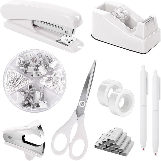 SKYDUE White Office Supplies Set, Desk Accessories, Stapler, Tape Dispenser, Scissors, Binder/Paper Clips and 1000pcs Staples, Office Decor for Women