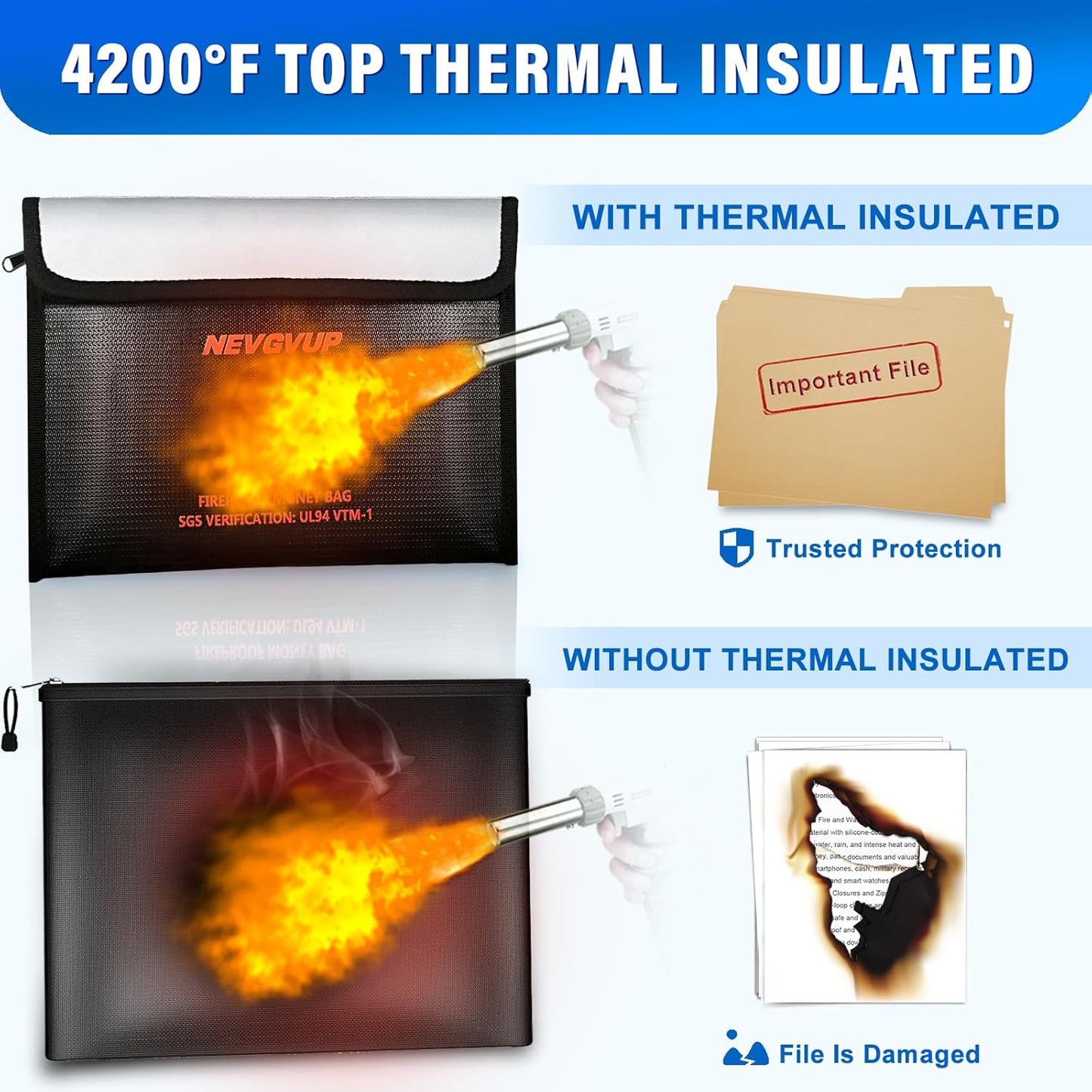 4200°F Fireproof Money Bag - Upgraded Heat Insulated, 9.8 x 6.5" Small Fireproof Document Bags with Waterproof Zipper, fire Water Proof Safe Pouch Set for Valuables, Fireproof Edging, Fire Bag 2packs