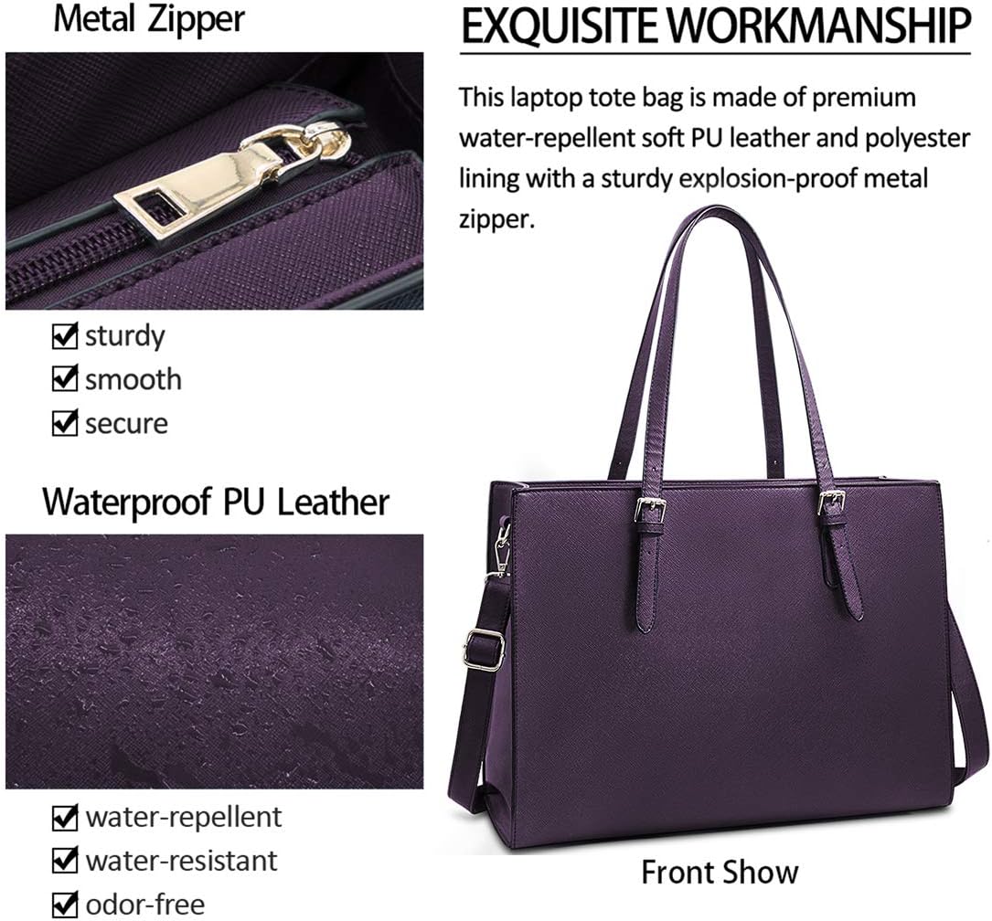 Laptop Bag for Women Waterproof Lightweight Leather 15.6 Inch Computer Tote Bag Business Office Briefcase Large Capacity Handbag Shoulder Bag Professional Office Work Bag Dark Purple