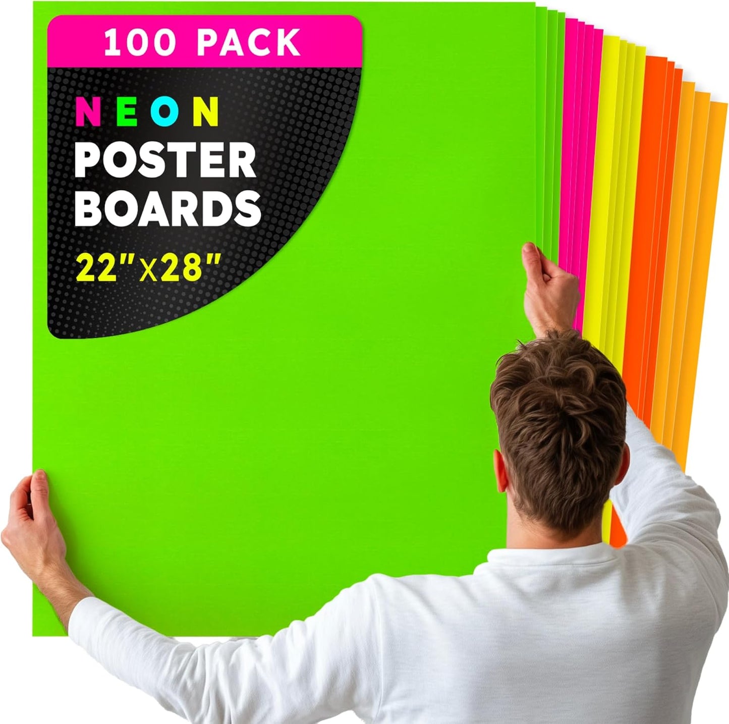 Hygloss Large Poster Board 22x28 - 100 Assorted Neon Color Poster Boards Bulk Pack - 10 Pt. Thickness Colored Poster Board Paper for Projects, Signs, Displays, Crafts - Posterboard Multipack 22" x 28"