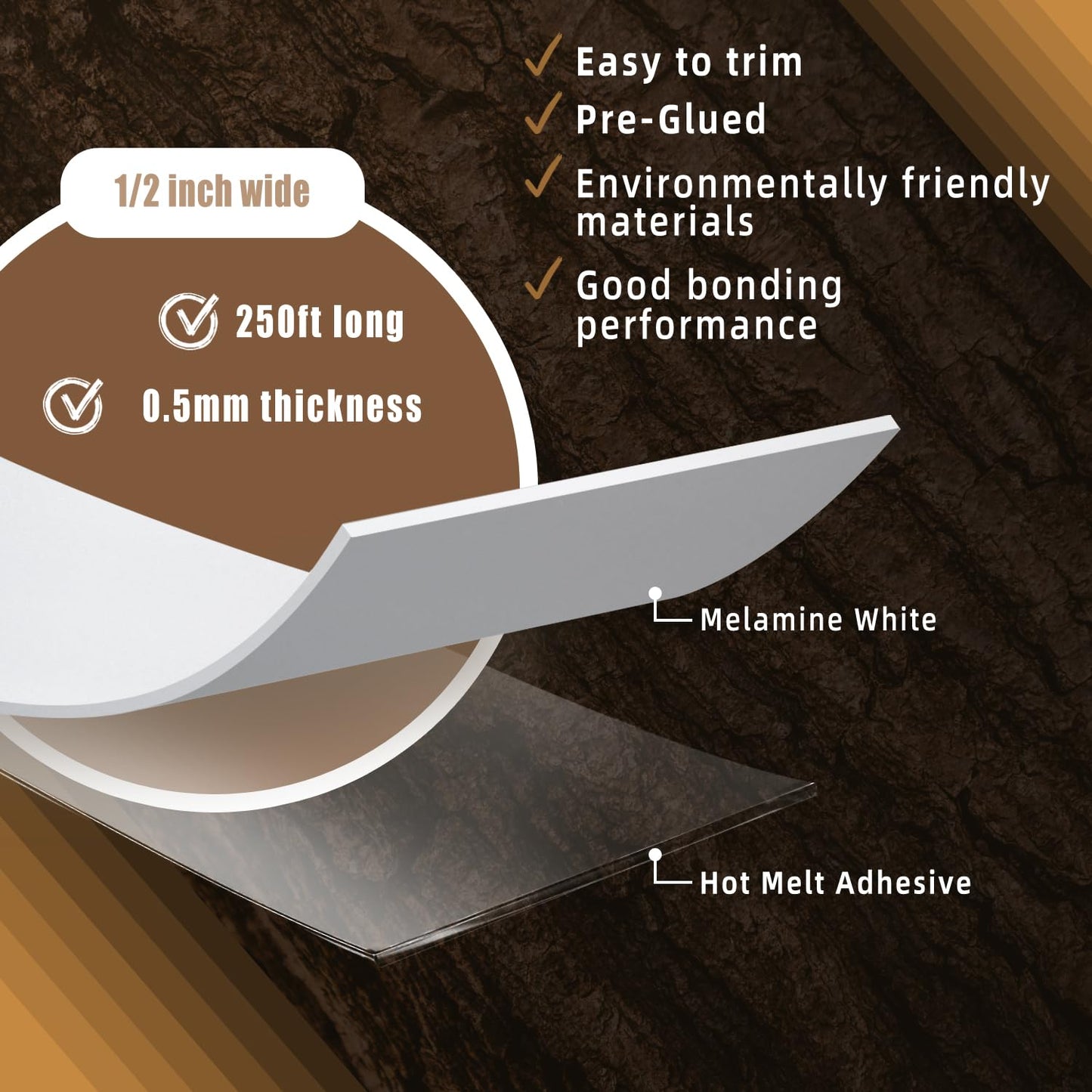 GSCIT Club White Melamine Edge Banding, 1/2 inch x 250ft Edge Banding with Hot Melt Adhesive Pre-glued Cabinet Edge Banding Flexible White Veneer Edging for Plywood