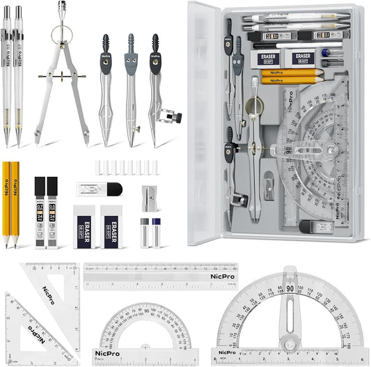 Nicpro 22 PCS Compass Geometry Tools with Case, Drafting Tools Geometry Set with Swing Arm Protractor, Rulers, Metal Compass, Divider, Square Set, Pencil, Back to School Supplies for Students Kids