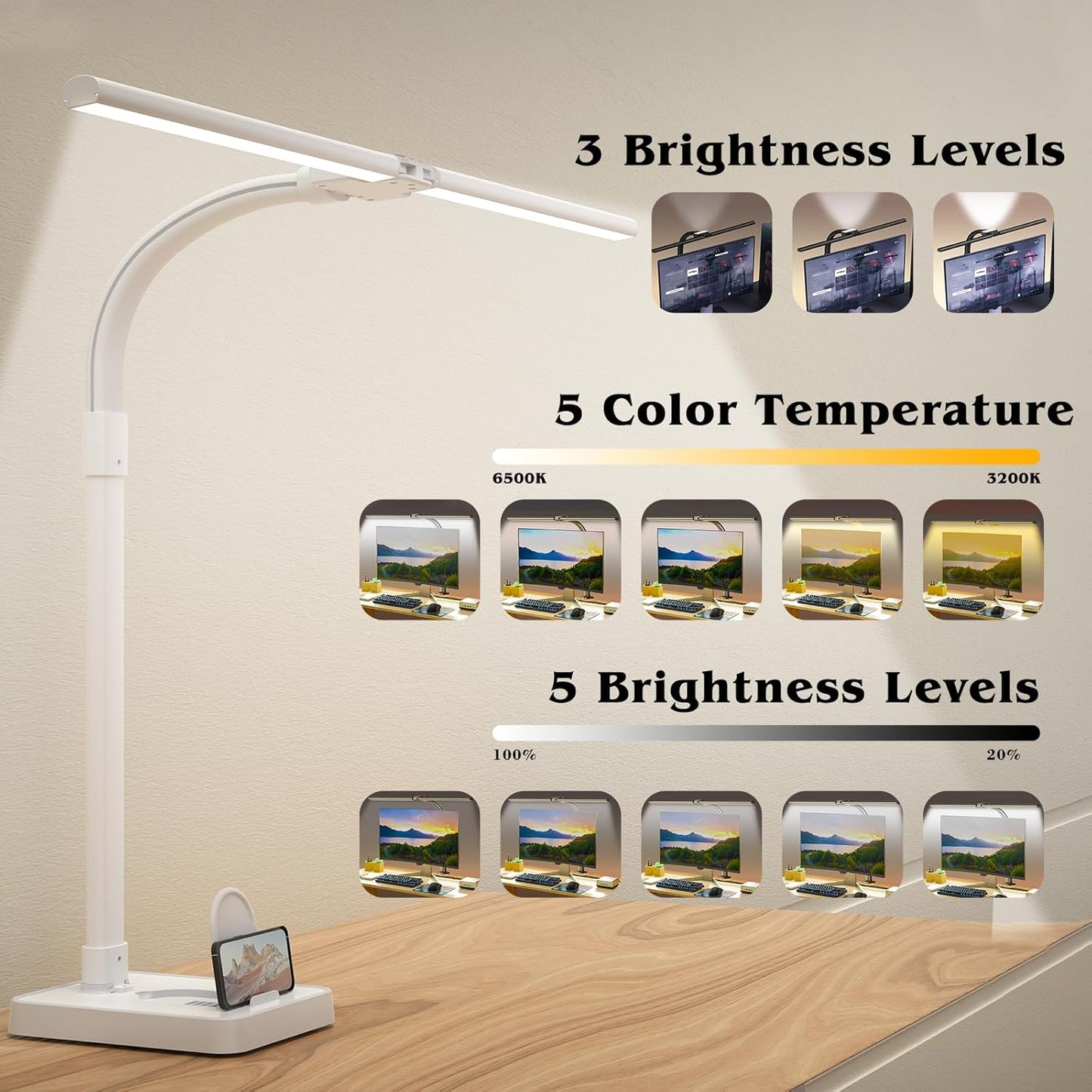 Led Desk Lamp for Home Office,24W Bright Eye-Caring Desk Light with Base,5 Brightness and 5 temperatures Dimmable Workbench Task Light, Adjustable Gooseneck Table Lamp for Monitor(White)