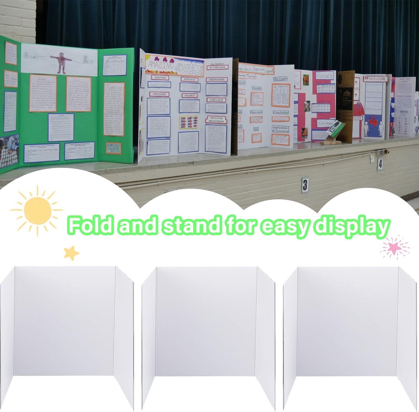 Medium Trifold Poster Board, 24 x 16inches Poster Board with Double Sided Tapes and Cardboard, Corrugated Presentation,Science Fair Display Boards for School Project, Science Fair, Business