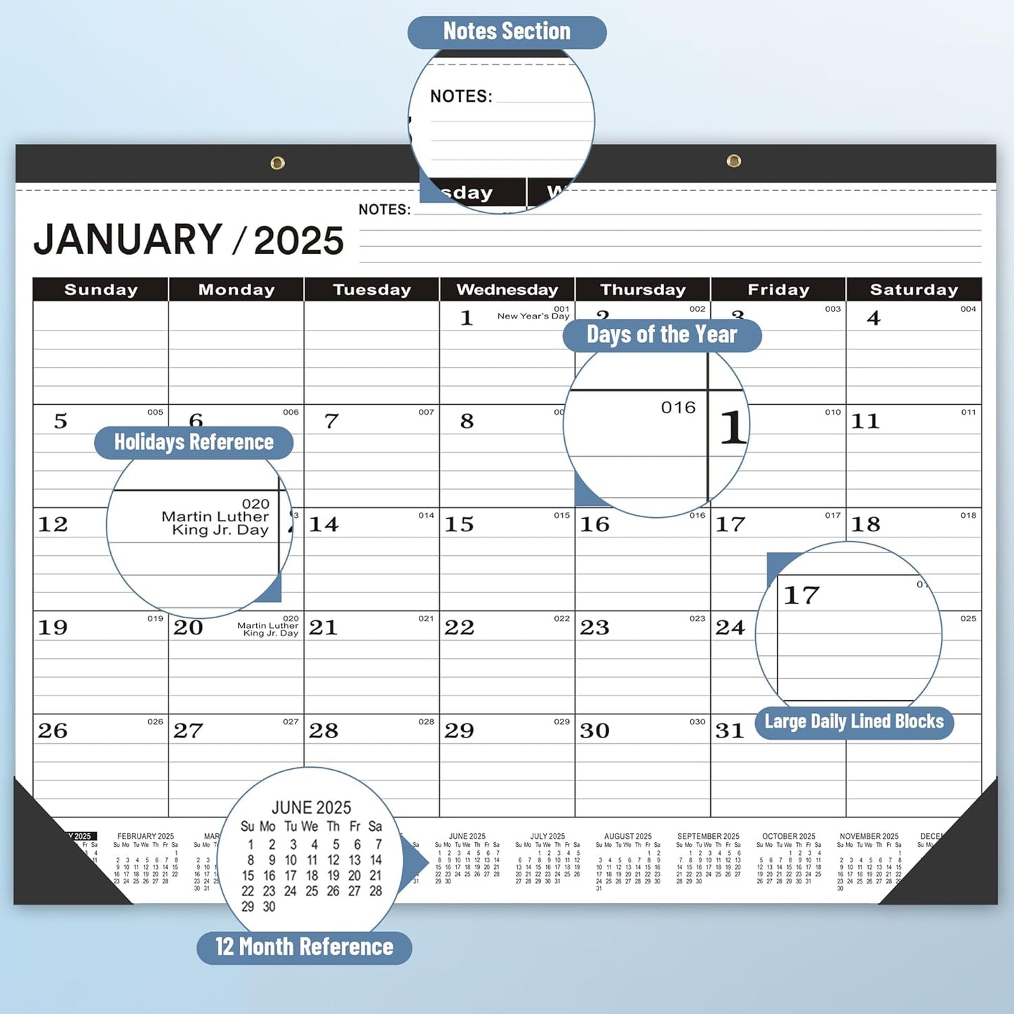 Desk Calendar 2025,January 2025 to June 2026,Large Desk calendar 2025-2026,Desk Calendar 2025-2026 Large 22x17,Classroom 2025 Calendar 22x17" with Round Holes& NOTES List (Black),18 Months Calendar 2025