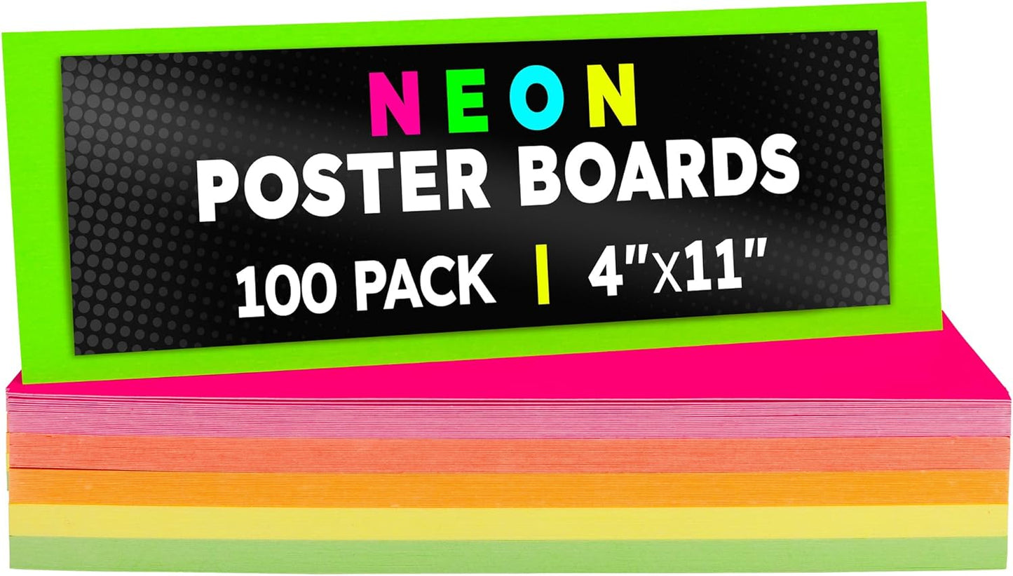 Hygloss Small Poster Board 4x11 - 100 Assorted Neon Color Poster Boards Bulk Pack - 10 Pt. Thickness Colored Poster Board Paper for Projects, Flash Cards, Signs - Posterboard Multipack 4" x 11"