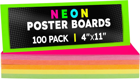Hygloss Small Poster Board 4x11 - 100 Assorted Neon Color Poster Boards Bulk Pack - 10 Pt. Thickness Colored Poster Board Paper for Projects, Flash Cards, Signs - Posterboard Multipack 4" x 11"