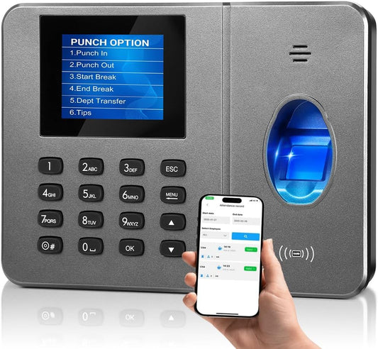 App-Based Time Clock – Fingerprint Attendance for Small Business, iOS/Android Compatible, No Monthly Fee, Includes 10 IC Cards