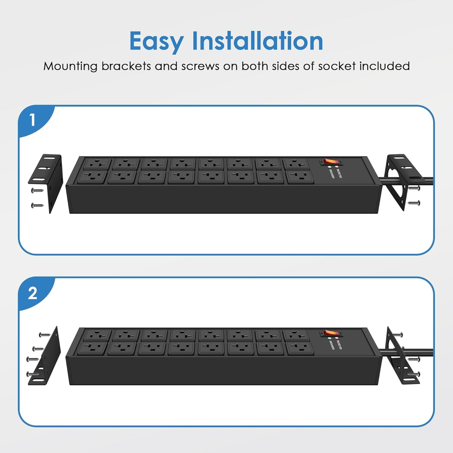 JUNNUJ Heavy Duty 20 Amp Power Strip 4800J, 16 Outlets 12 Gauge Garage Industrial Surge Protector, High Amp 5-15P Adapter Shop 6-20R T-Slot Metal Outlet, 10 FT Extension Cord Commercial for Appliance