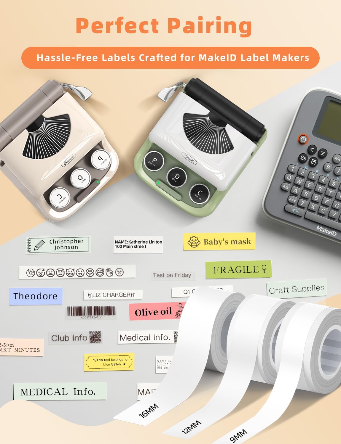 MakeID E1 Q1 Label Maker Tape Refills, 16mm x 4m (0.63" x 13') Continuous Sticker Thermal Laminated Waterproof Self-Adhesive Multipurpose Labeling Tape Replacement