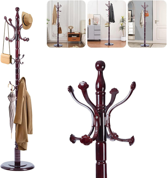 Solid Wood Coat Rack – 72" Freestanding Coat Racks Stand with 14 Hooks & Stable Base, Adjustable Height Modern Wooden Hall Tree for Entryway, Bedroom, Office, Home (Mahogany Lucky Hook)