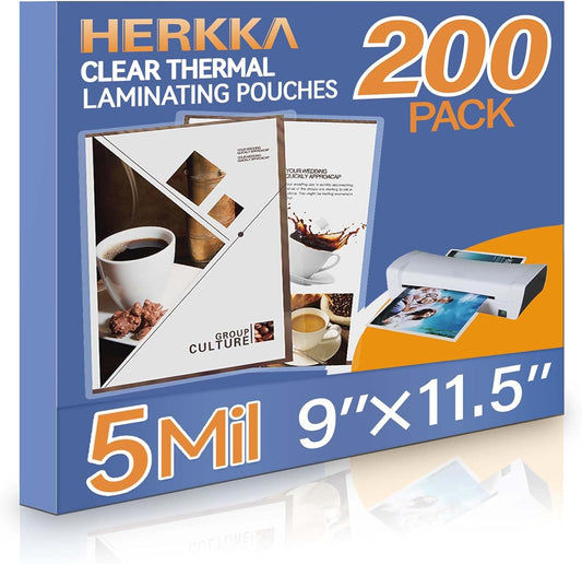 HERKKA 200 Pack Laminating Sheets, Holds 8.5 x 11 Inch Sheets, 5 Mil Clear Thermal Laminating Pouches 9 x 11.5 Inch Lamination Sheet Paper for Laminator, Round Corner Letter Size