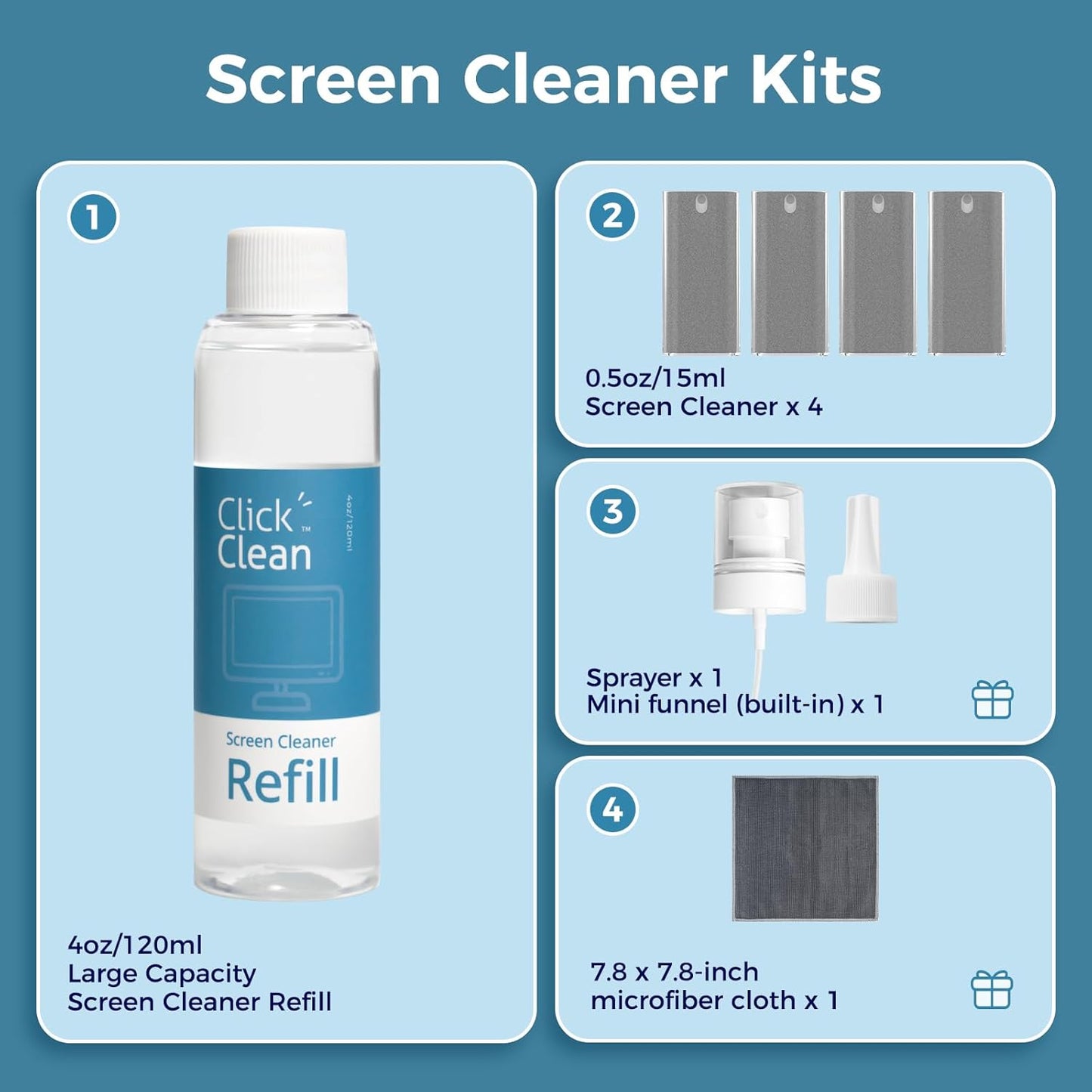 Click Clean Screen Cleaner Kits - 4 All-in-One Mist Cleaner with 4 oz Refill, 1 Microfiber Cloth(7.8 x 7.8in), 1 Mini Funnel, and 1 Sprayer - for All Phones, Laptop and Tablet Screens