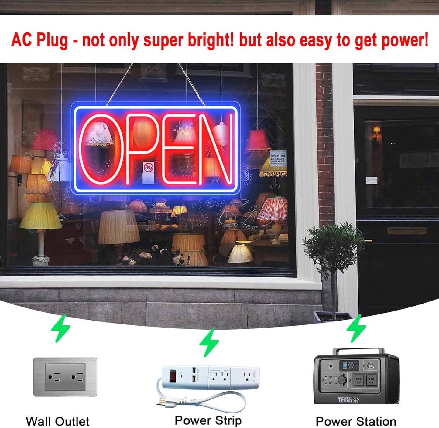 Led Neon Open Signs for Business,16.5"X 9" Ultra Bright Open Signs, Powered by 12V/2A AC Adapter, 6 Levels Adjustable Bright Led Neon Open Sign for Bar Salon Coffee Stores Club Hotel (Horizontal)
