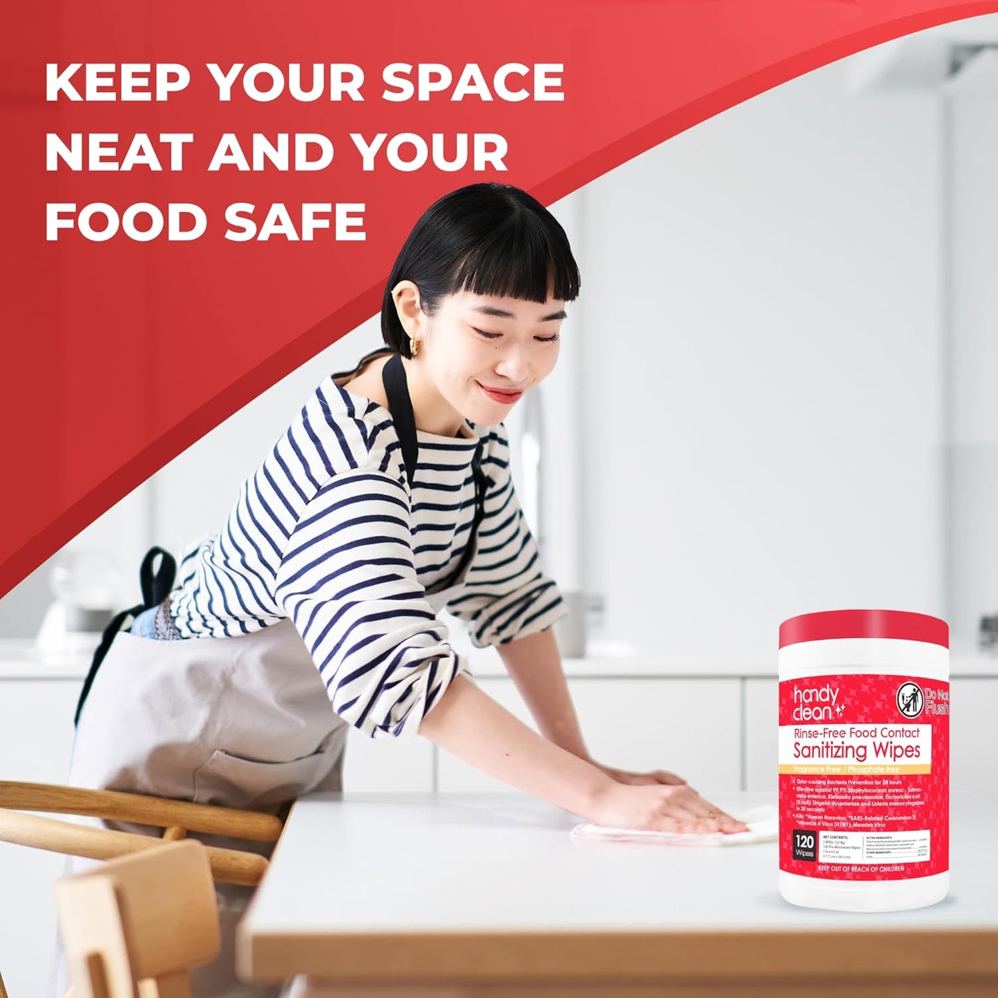 HandyClean Rinse-Free Food Contact Sanitizing Wipes Canister, Multi Surface Cleaning Supplies for Kitchen and Professional Setting One Canister (120 Wipes)