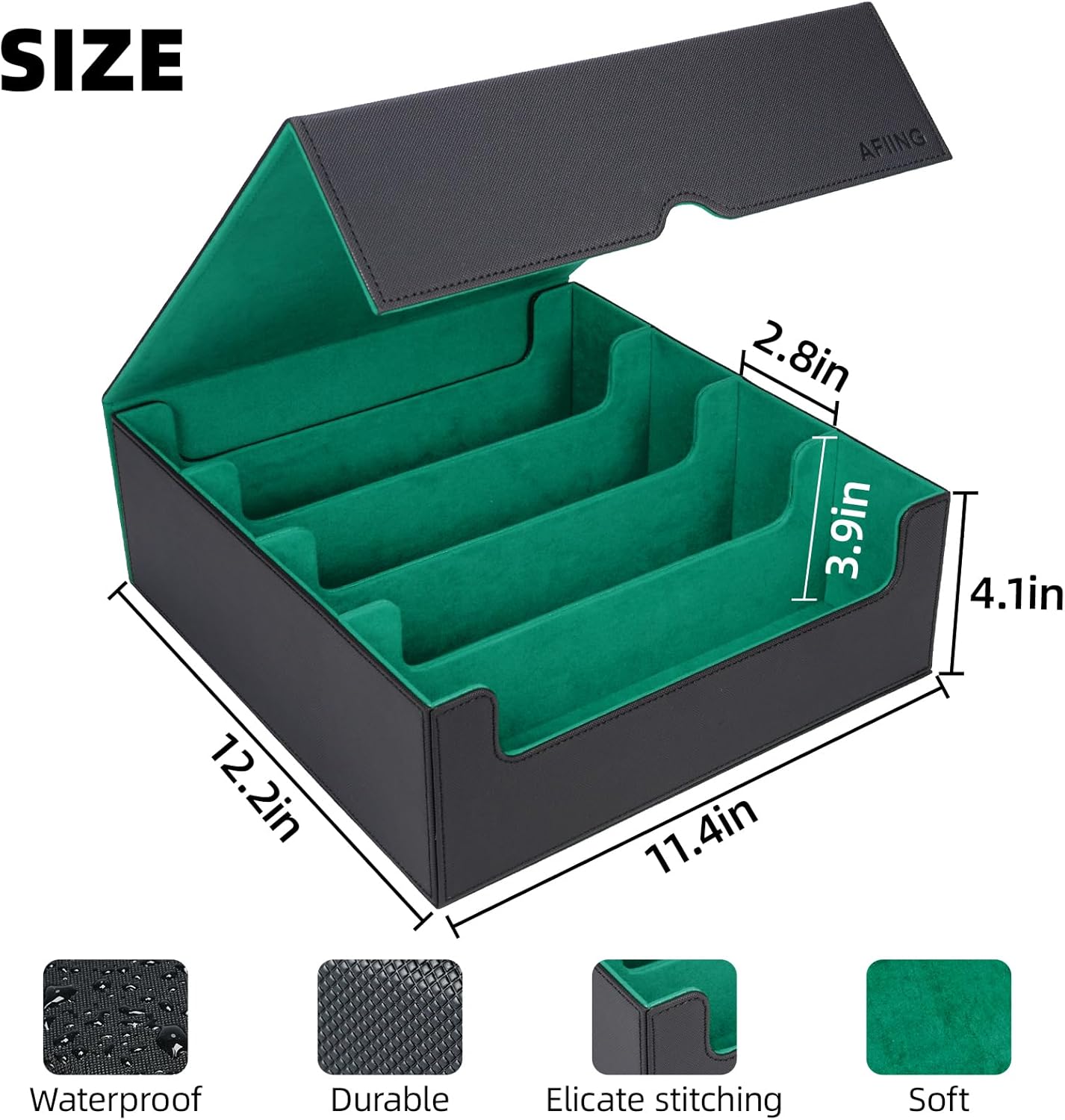 AFIING Trading Card Storage Box, MTG Deck Box with 48 Dividers & Supporters, Commander Card Deck Case Fits for Magic Game Cards, YugiOh, TCG, baseball and Sport Cards, Black Green 3200+