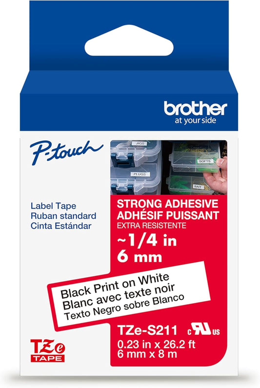 Brother Genuine P-Touch TZe Black Print on White Label Tape (TZeS211), Strong Adhesive Laminated,1/4in x 26.2ft (6mm x 8m), for Select P-Touch Label Makers, Water-Resistant, Extra Strength