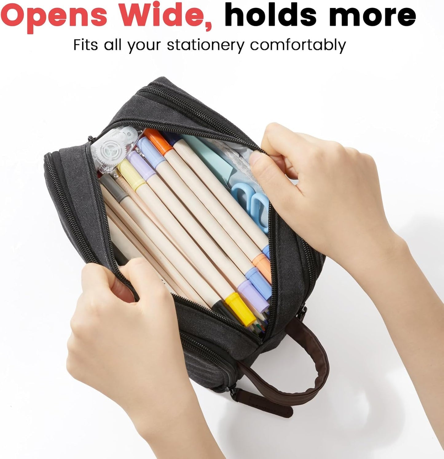 Sooez Large Pencil Case Pouch, Extra Big Pencil Pouch Pencil Bag with PU Handle & Zipper, Sturdy Pen Case with 3 Compartments, Aesthetic School College Supplies Organizer for Men Women Boys, Gray