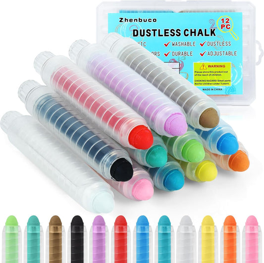 Dustless Chalk for Kids - 12 PCS Colored Non-toxic Twistable Sidewalk Chalk with Holder, Dust-free Washable Toddler Chalk, Art Tool for Children Outdoor Blackboard Drawing Writing (Plastic Box-Packed)