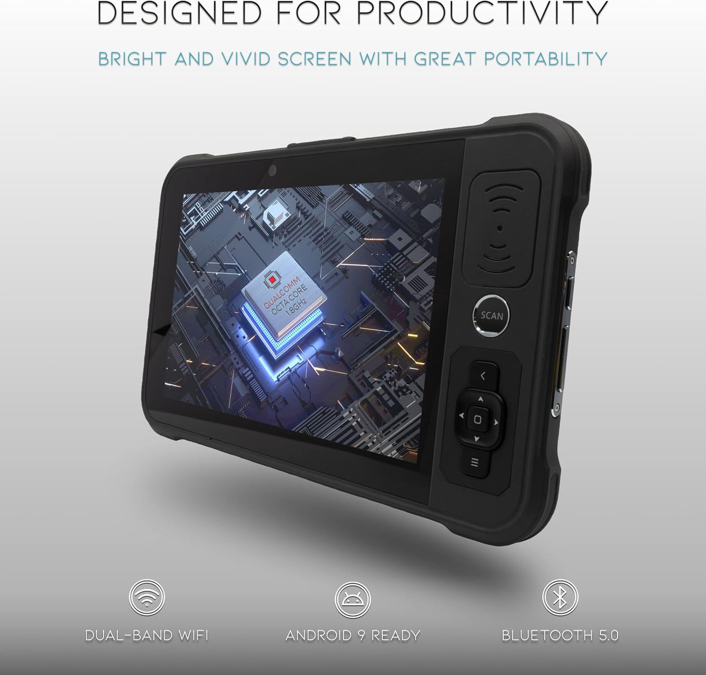 Heavy Duty Android Tablet with Integrated Barcode Scanner, 2D/1D/QR Zebra SE4710 Reader, Android 9, WiFi/GPS/Bluetooth, 8000mAH All-Day Battery (Tablet + Charging Cradle)