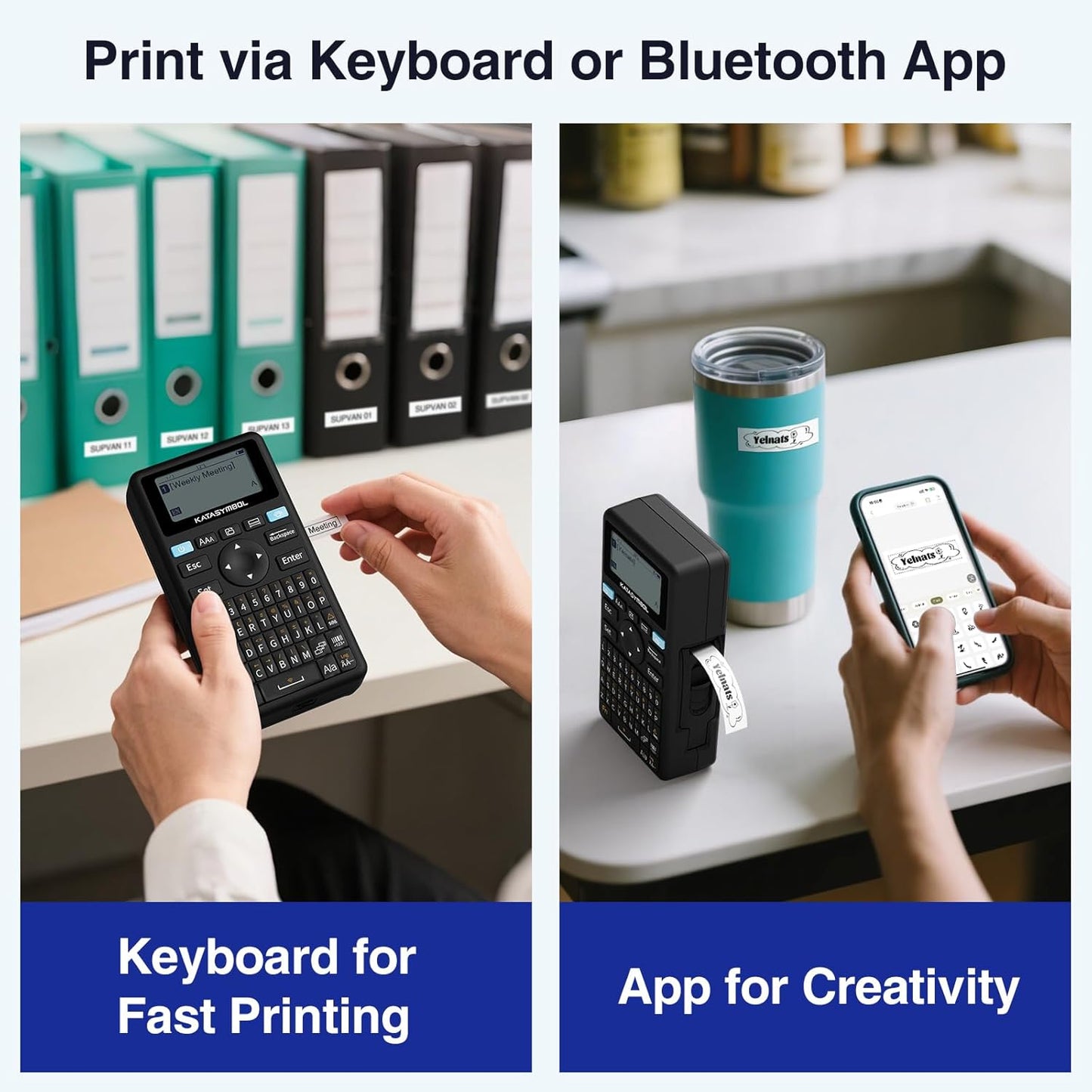 SUPVAN E11 Bluetooth Label Maker Machine with 4 Tapes, Support Keyboard & App with 40 Fonts and 450+ Icons, Rechargeable Inkless Labeler for Home, Kitchen, Office, School Organization, Black