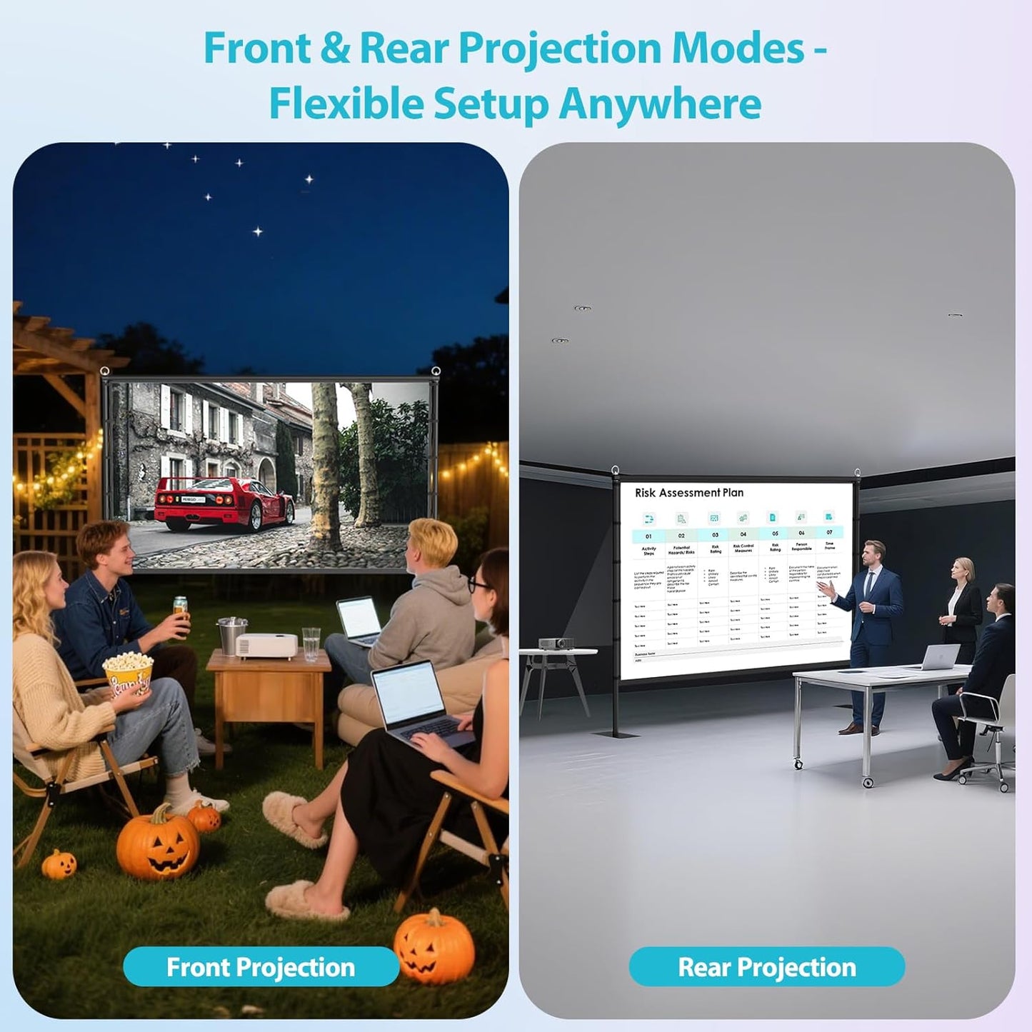 Outdoor Projector Screen with Stand - VOOPVOR 120 inch Projector Screen Portable - Lightweight Projection Screens Indoor Front/Rear - Movie Screen 16:9 4K HD with Catty Bag for Backyard Home Theater