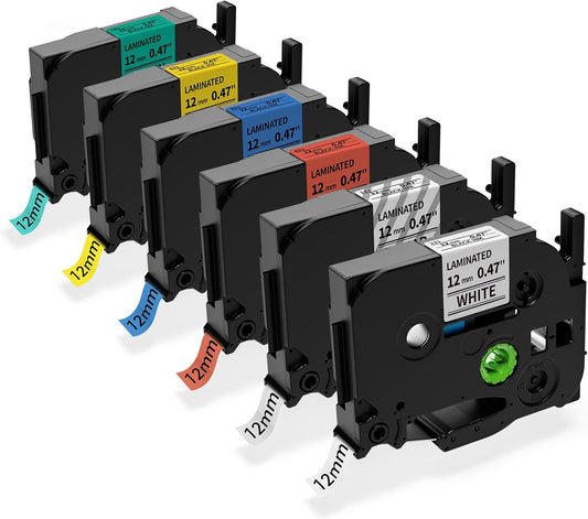 Compatible with Brother Label Maker Tape Refill Multi Color Tze TZ Tape 12mm 0.47" Laminated TZe 131 231 431 531 631 731 Replacement for Brother P-Touch PT-D210/D220/H110/D410 Label Makers, 6PK