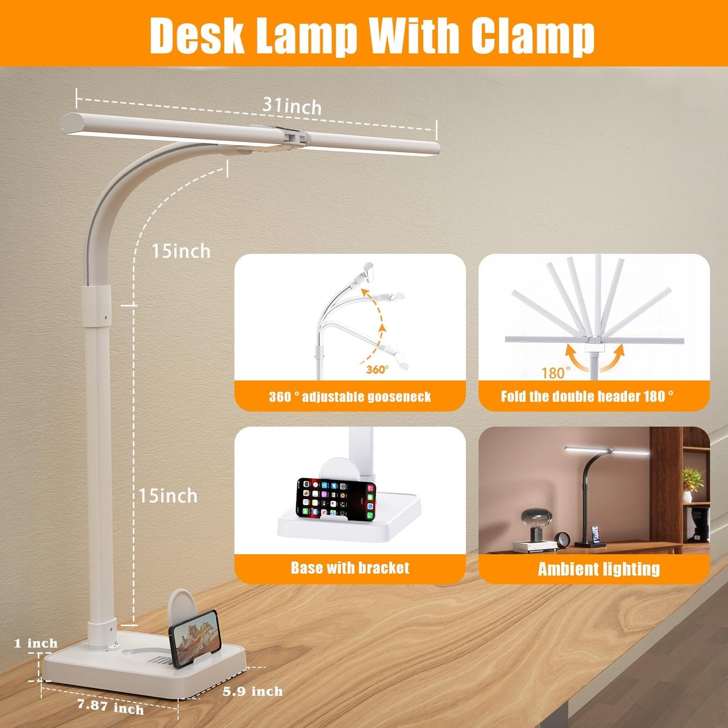 Led Desk Lamp for Home Office,24W Bright Eye-Caring Desk Light with Base,5 Brightness and 5 temperatures Dimmable Workbench Task Light, Adjustable Gooseneck Table Lamp for Monitor(White)