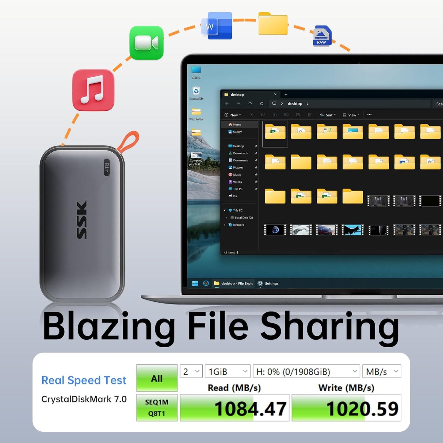 SSK 4TB SSD External Hard Drive – Up to 1050MB/s Portable Solid State Drive USB 3.2 Gen2, USB-A & USB-C, 4K ProRes HDR for iPhone 15/16 Pro, Mac, Windows, Android OTG, Tablets