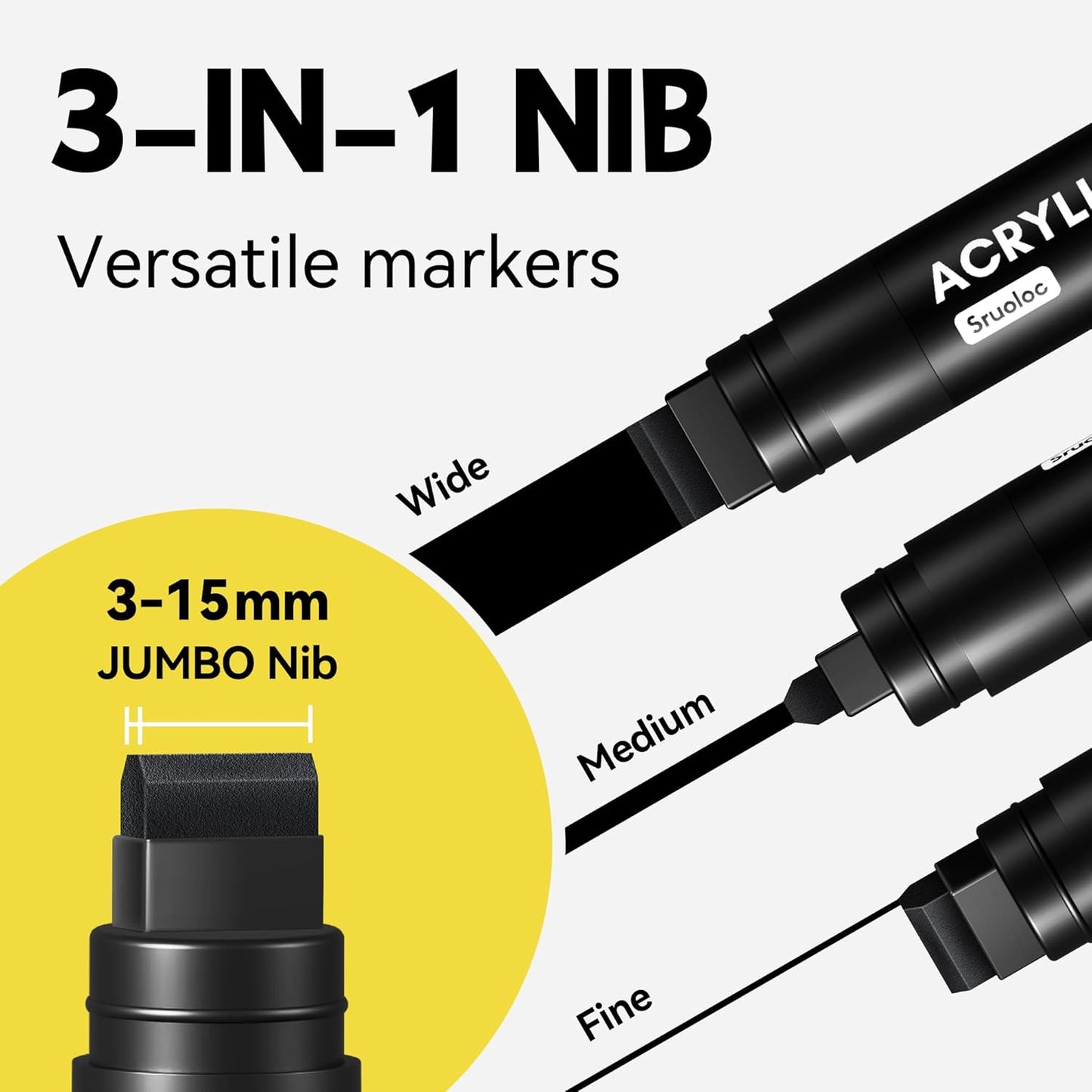 3 Jumbo Permanent Markers Black, 15mm Thick Wide Tip, Large Acrylic Paint Markers for Rock Painting, Poster, Stone, Ceramic, Glass, Wood, Canvas