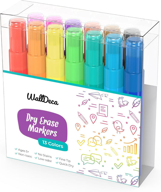 WallDeca Dry Erase Markers for Kids Non-toxic, 13 Pack, Washable, Colorful Pastel Colors, Fine Tip Skinny Pens, Thin Whiteboard Low Odor Markers for Toddlers, Vibrant and Quick Dry