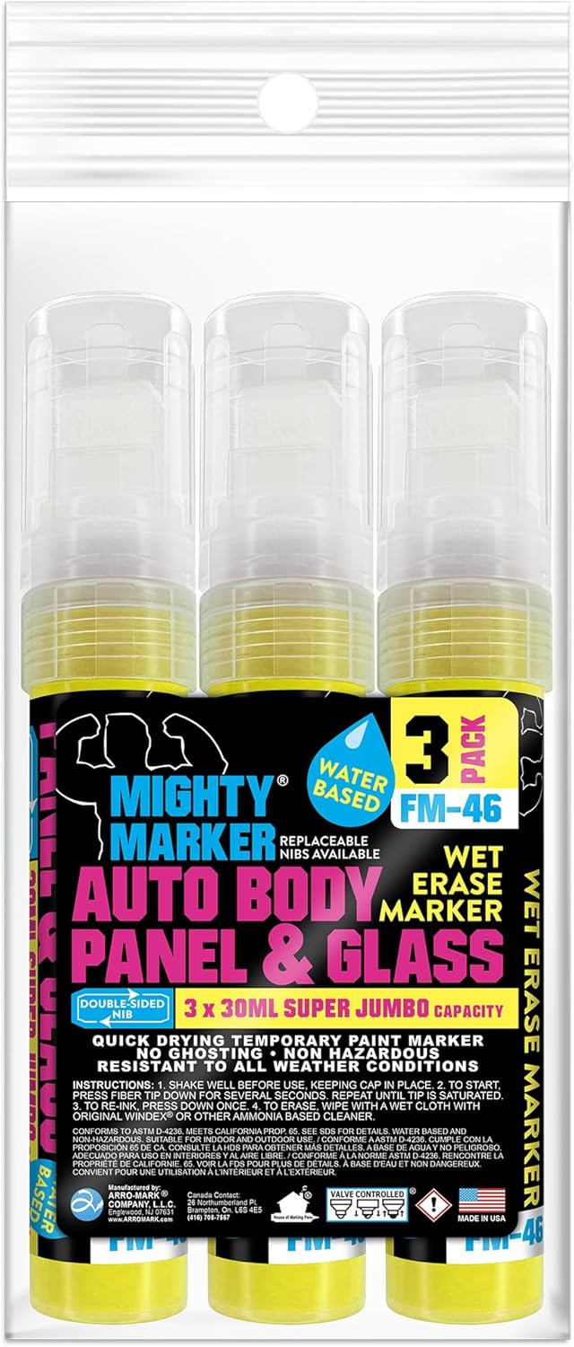 FM-46 Auto Body and Glass Super Jumbo Paint Marker, No-Ghost Formula, Water-Resistant, Valve Action, Removable, Water-Based, 30ml Capacity, Made in USA, Fl. Yellow 3 Pack