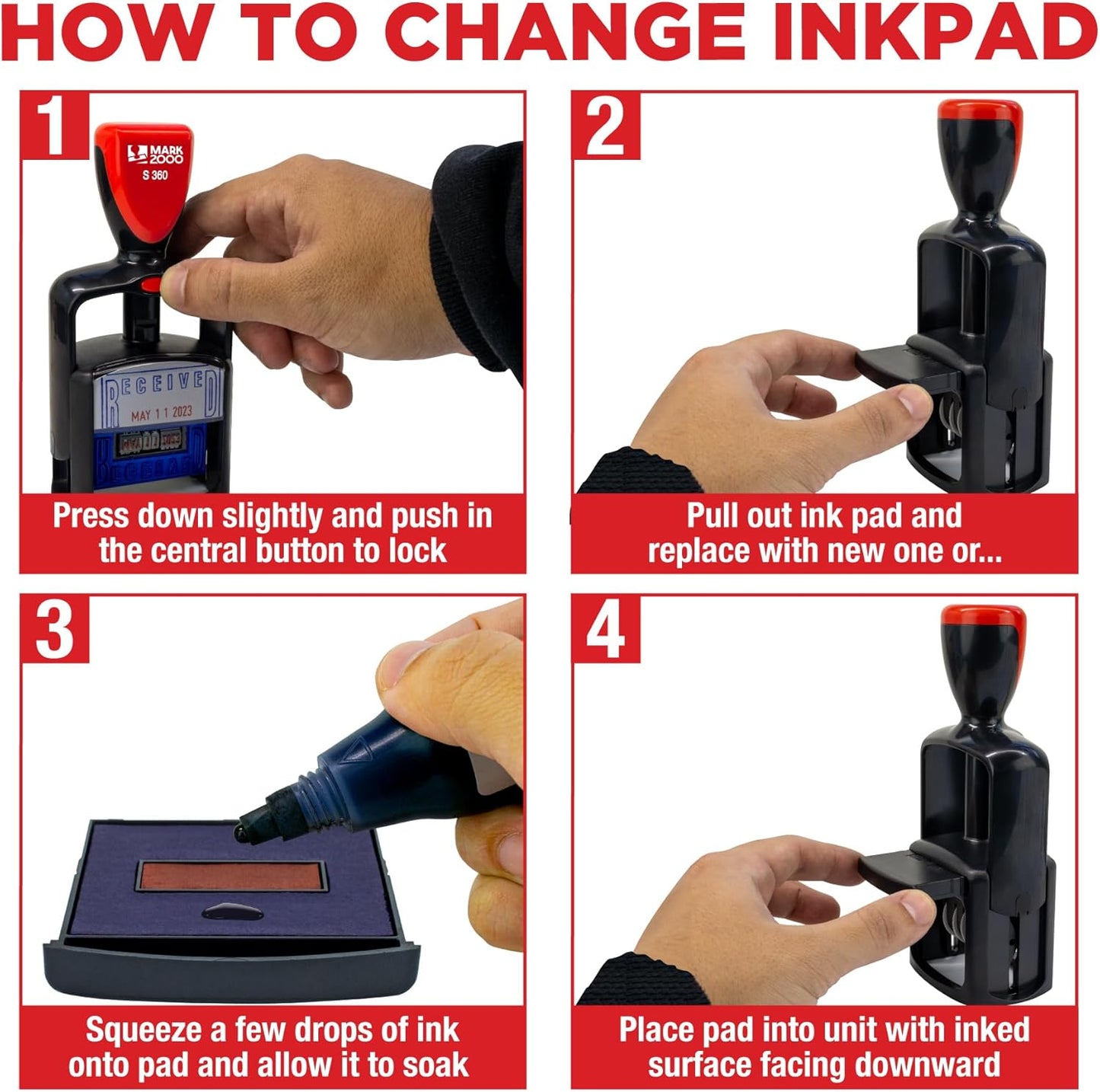Self-Inking Rubber Date Office Stamp with Paid Phrase - Blue Ink & Date Red Ink - 12-Year Band