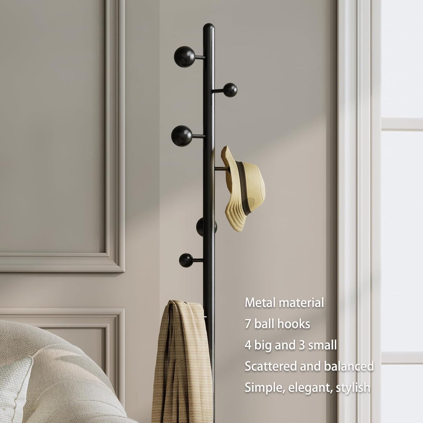 Metal coat rack stand with geometric shape metal base,Heavy duty coat rack freestanding with 7 ball hooks,Coat racks tree hats hanger holder stand for entryway, hallway, bedroom