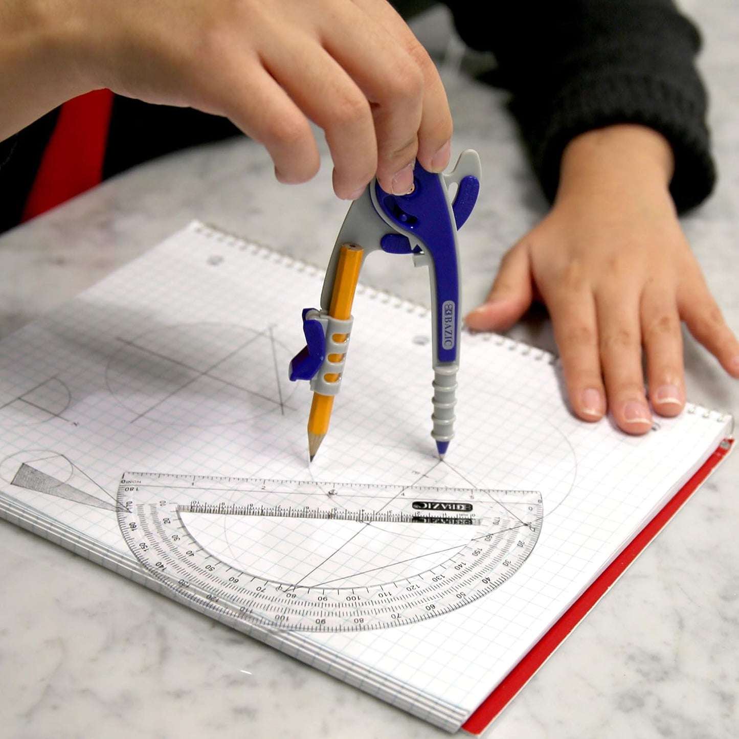 BAZIC Geometry Math Compass Set w/Scale-Arm, 6" Protractor, & HB Wood Pencil, Inch Centimeter, Mathematical Drafting Drawing Tool, 144-Packs