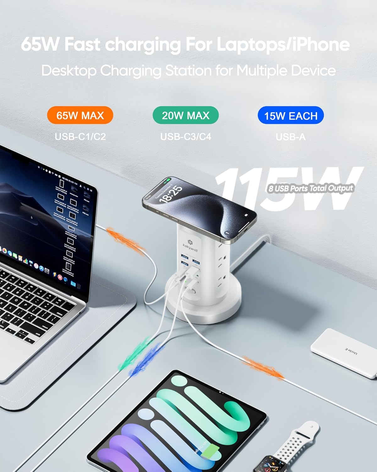 115W USB Charging Station, Surge Protector Power Strip Tower, 9 AC Outlets with 8 USB Ports(4 USB-C), 6Ft Flat Plug Retractable Extension Cord, for Home Office Dorm, White